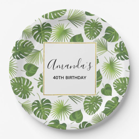 Assiettes En Carton Elégant Green Tropical Feuille Motif Anniversaire (Devant)