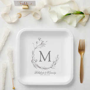 Assiettes En Carton Élégant gris blanc Mariage de couronne