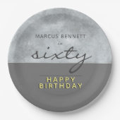Assiettes En Carton Élégant Gris Script Soixante homme 60e fête d'anni (Devant)