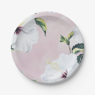 Assiettes En Carton Elégant Hibiscus blanc sur Arrière - plan rose dou