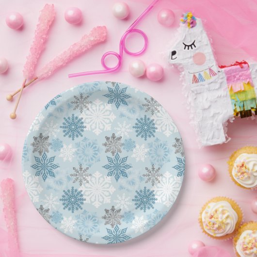 Assiettes En Carton Élégant Hiver Bleu Parties scintillant argent Snow (Fête)