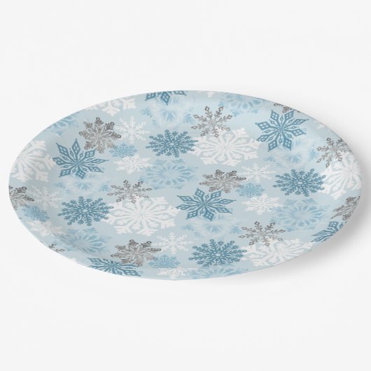 Assiettes En Carton Élégant Hiver Bleu Parties scintillant argent Snow (Angle)