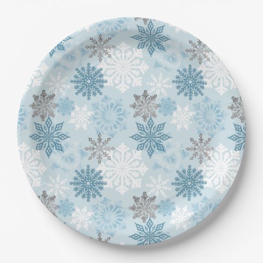 Assiettes En Carton Élégant Hiver Bleu Parties scintillant argent Snow (Devant)