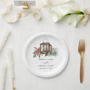 Assiettes En Carton Élégant hiver Pins rustique Mariage de lanterne