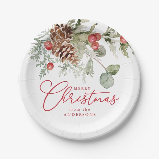 Assiettes En Carton Elegant Holly Berries et Pine Cones Noël (Devant)