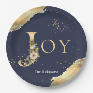 Assiettes En Carton Elégant Joy Gold Foil Floral Blue Christmas