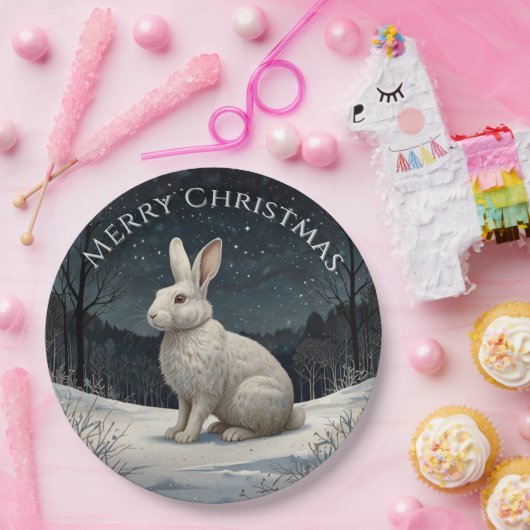 Assiettes En Carton Elégant lapin blanc Noël forêt enneigée (Fête)