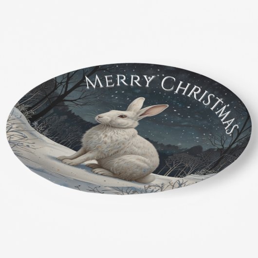 Assiettes En Carton Elégant lapin blanc Noël forêt enneigée (Angle)