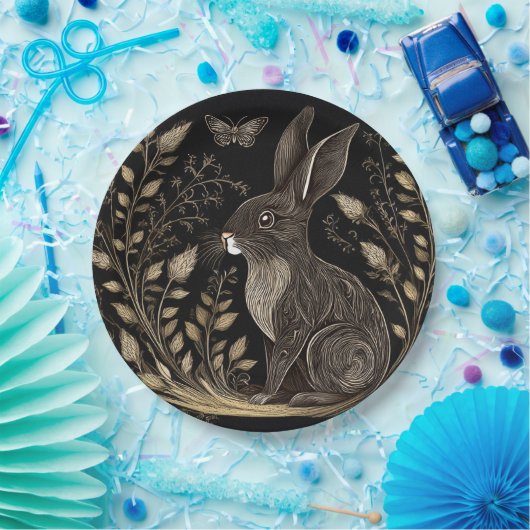 Assiettes En Carton Elégant lapin en noir et beige (Fête)