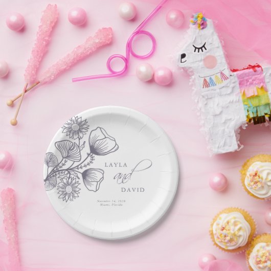 Assiettes En Carton Élégant Lavender Floral Outline Mariage (Fête)