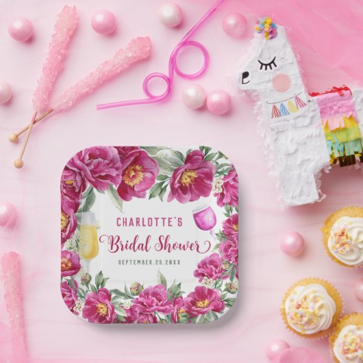 Assiettes En Carton Élégant Lavis Floral Rose Chaud Enterrement de Vie (Fête)