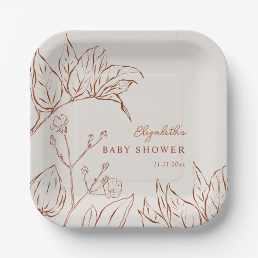 Assiettes En Carton Elegant Line Art Botanical Baby Shower (Recto)