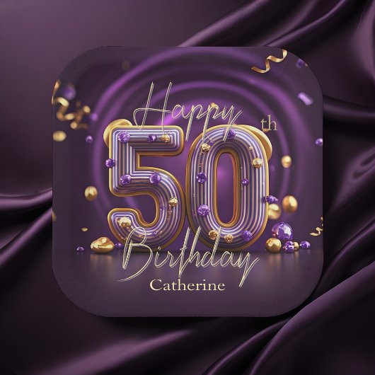Assiettes En Carton Elégant luxueux violet et or 50e anniversaire