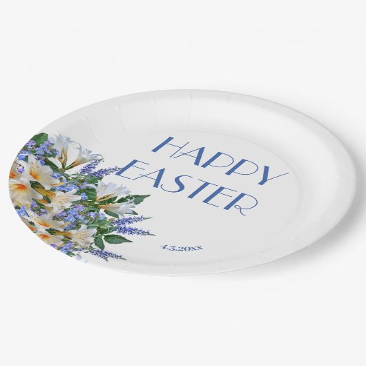 Assiettes En Carton Elégant Lys Floral Blanc Bleu 'Pâques Joyeuses' (Angle)