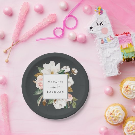 Assiettes En Carton Élégant Magnolia | Mariage noir et blanc (Fête)