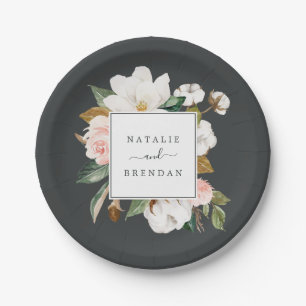Assiettes En Carton Élégant Magnolia Mariage noir et blanc