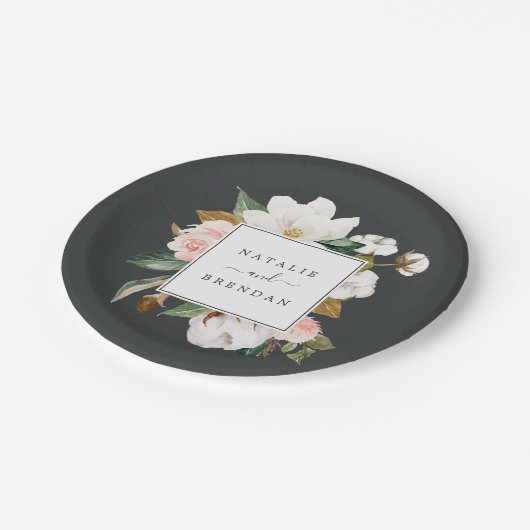 Assiettes En Carton Élégant Magnolia | Mariage noir et blanc (Angle)