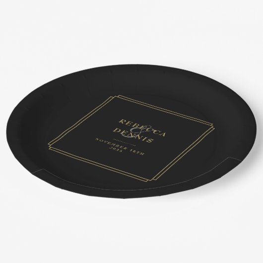 Assiettes En Carton Élégant Mariage Art Déco Classique Noir Et Or (Angle)