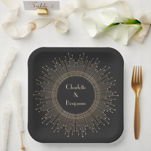 Assiettes En Carton Elégant Mariage Art déco noir et or sur mesure (Mariage)
