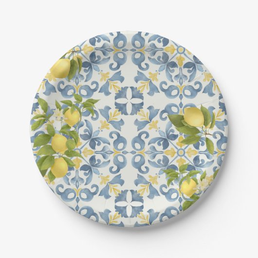 Assiettes En Carton Élégant Mariage citron en carrelage bleu italien (Devant)