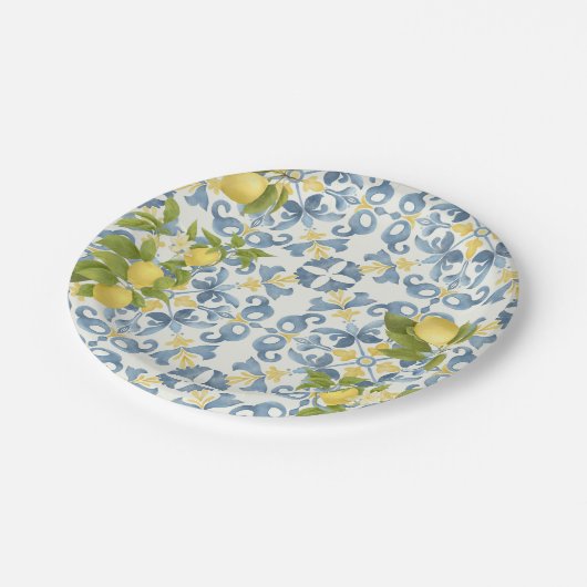 Assiettes En Carton Élégant Mariage citron en carrelage bleu italien (Angle)