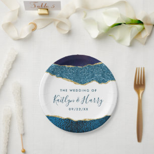 Assiettes En Carton Élégant Mariage d'âge bleu et or de la marine