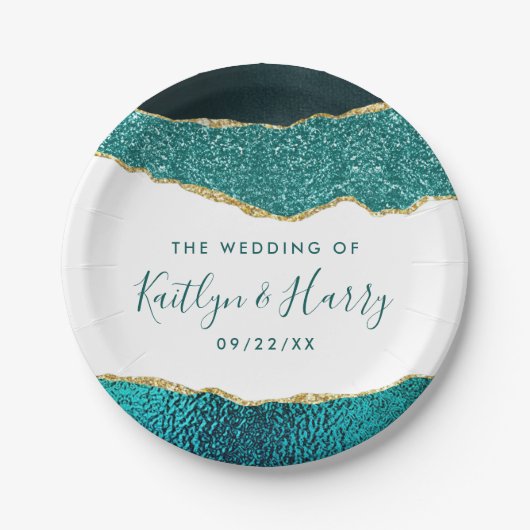 Assiettes En Carton Élégant Mariage d'âge Turquoise & Or (Devant)