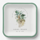 Assiettes En Carton Elégant Mariage d'aquarelle tropicale palmiers (Recto)