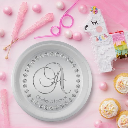 Assiettes En Carton Élégant Mariage d'argent diamant personnalisé (Fête)