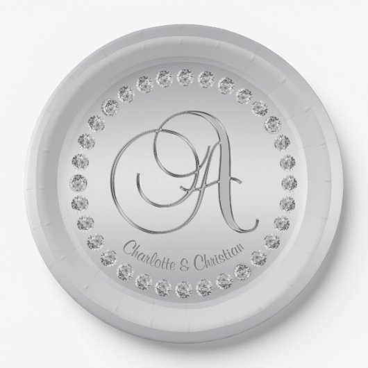 Assiettes En Carton Élégant Mariage d'argent diamant personnalisé (Devant)