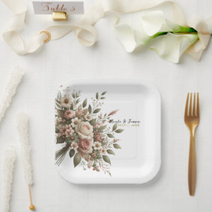 Assiettes En Carton Élégant mariage de coin floral vert olive et blanc