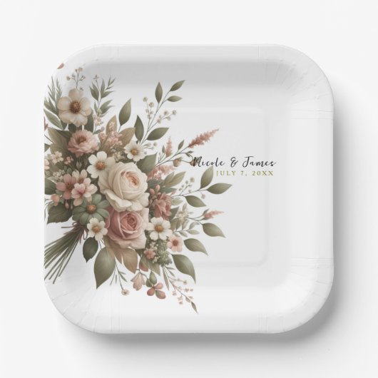 Assiettes En Carton Élégant Mariage de coin vert et blanc de l'Olivier (Recto)