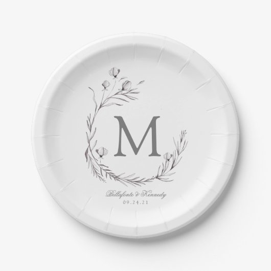 Assiettes En Carton Élégant Mariage de couronne blanc gris argenté (Devant)