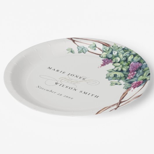 Assiettes En Carton Élégant Mariage de feuillage de l'aquarelle (Angle)