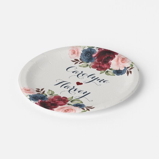 Assiettes En Carton Elégant Mariage de fleurs bleues bordeaux bleu mar (Angle)