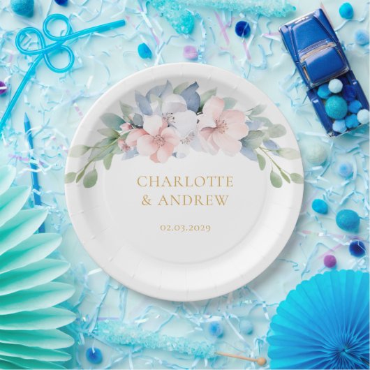 Assiettes En Carton Élégant Mariage de Fleurs Roses Bleues (Fête)