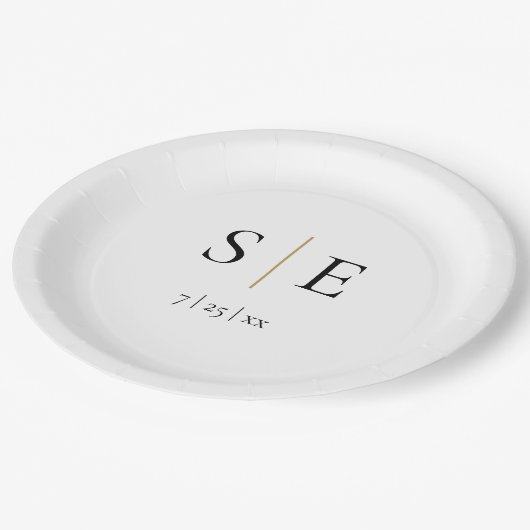 Assiettes En Carton Élégant Mariage de monogramme d'or noir (Angle)