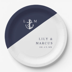 Assiettes En Carton Élégant Mariage de monogramme marin bleu marine