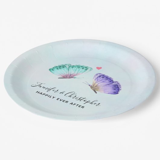 Assiettes En Carton Élégant Mariage de paire de papillon aquarelle (Angle)
