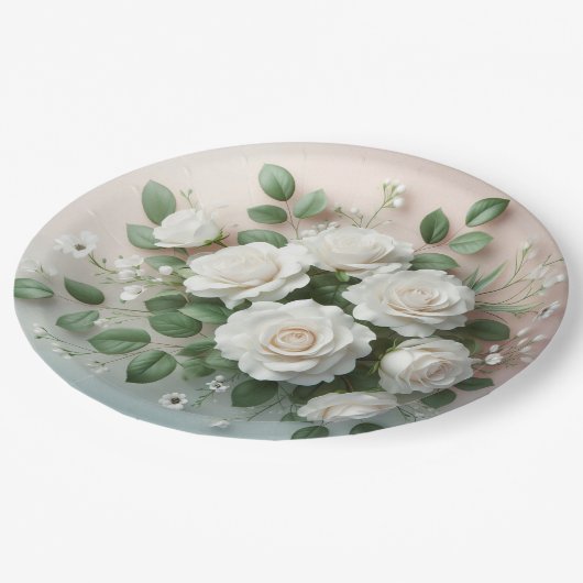 Assiettes En Carton Élégant Mariage de Roses Blanches (Angle)