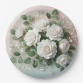 Assiettes En Carton Élégant Mariage de Roses Blanches (Devant)