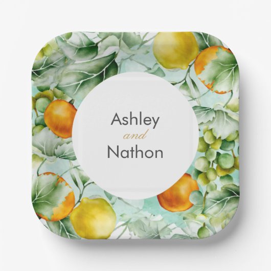 Assiettes En Carton Elégant Mariage d'été fleuri & Fruits (Recto)
