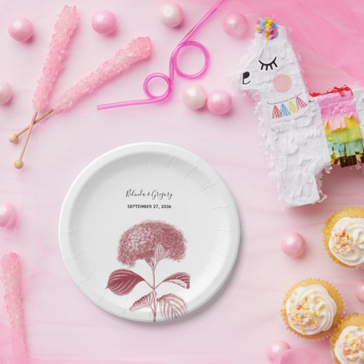 Assiettes En Carton Élégant Mariage d'Hydrangée bordeaux (Fête)