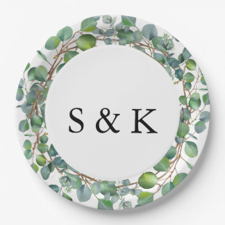 Assiettes En Carton Elégant Mariage Eucalyptus aquarelle