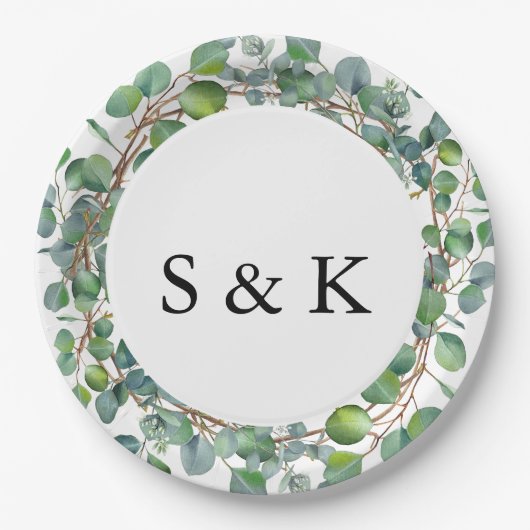 Assiettes En Carton Elégant Mariage Eucalyptus aquarelle (Devant)