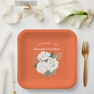 Assiettes En Carton Élégant Mariage Flamant Orange & Roses Blanches