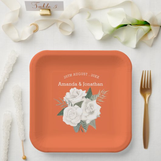 Assiettes En Carton Élégant Mariage Flamant Orange & Roses Blanches (Mariage)