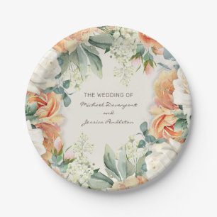 Assiettes En Carton Élégant Mariage Fleur de Pêche Crème Eucalyptus Fl