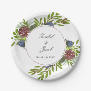 Assiettes En Carton Elégant Mariage floral bleu de la marine bordeaux