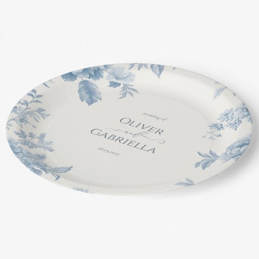 Assiettes En Carton Élégant Mariage Floral bleu toile française (Angle)
